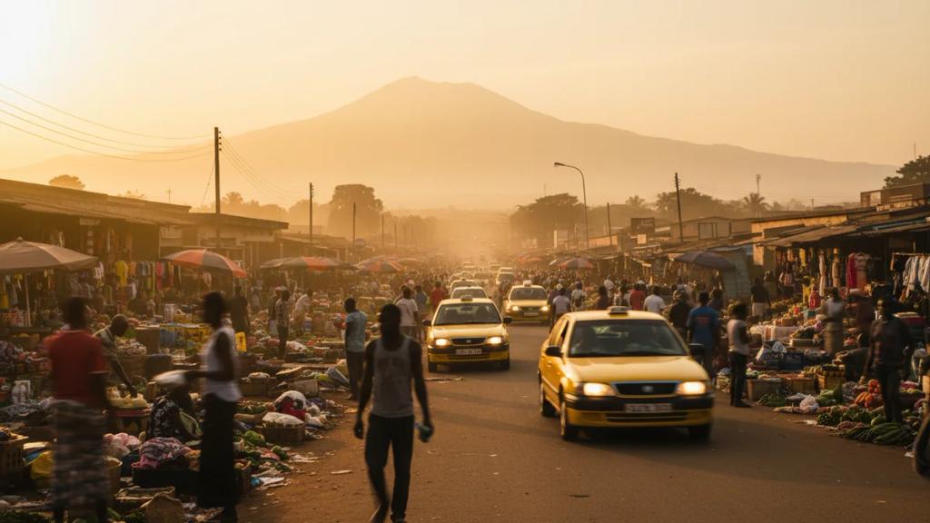 Marché de rue animé au crépuscule à Douala avec le mont Cameroun au loin