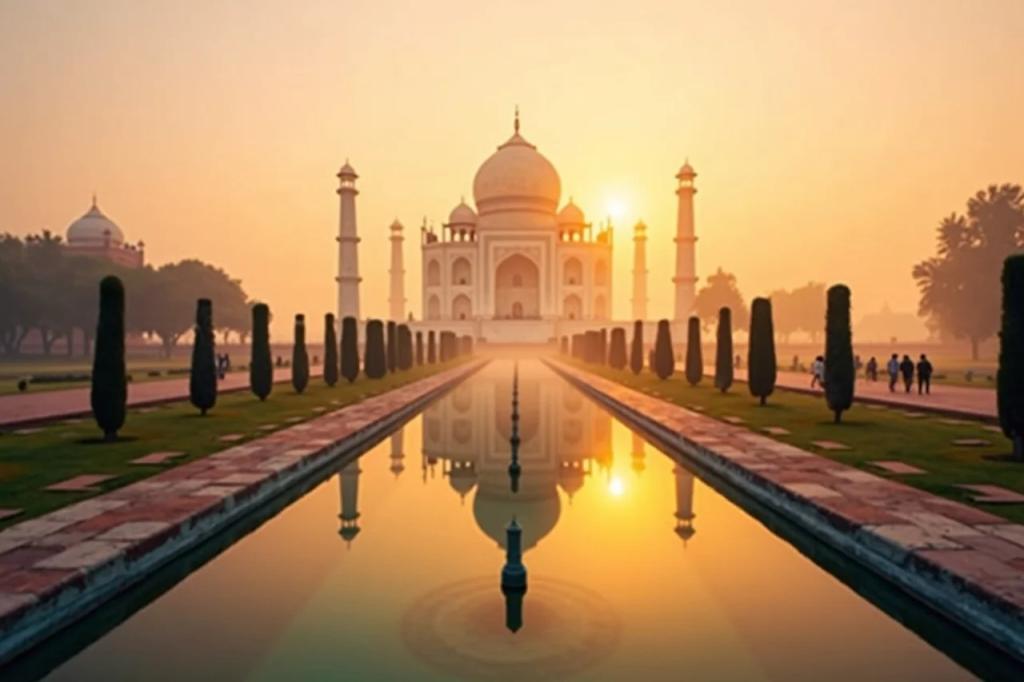 Taj Mahal with reflecting pool and gardens under a clear sky in India