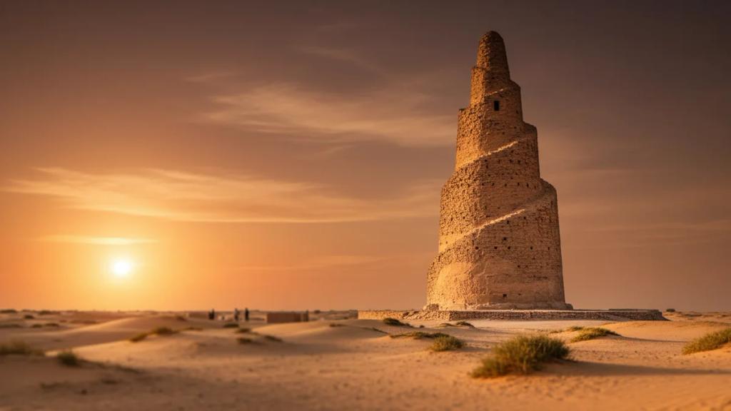 The spiral Malwiya minaret of Samarra against a warm desert sky