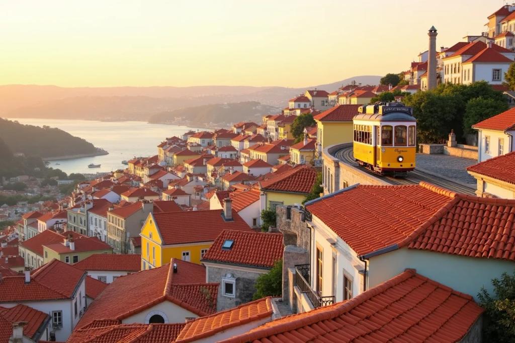 Iconic yellow tram on a cobblestone street lined with colorful buildings in Lisbon Portugal