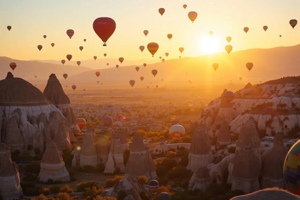 Colorful hot air balloons over fairy chimney rock formations in Cappadocia Turkey