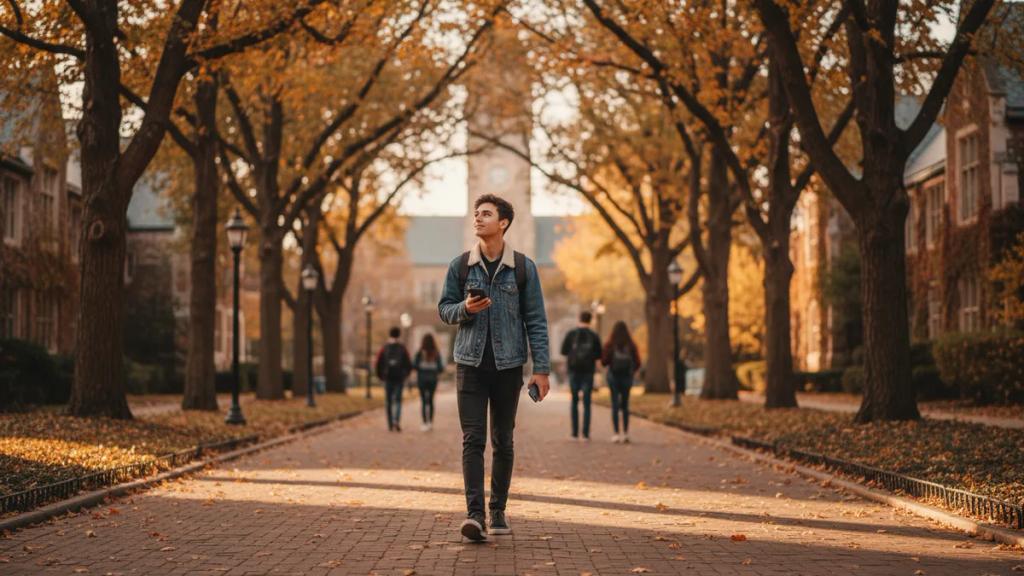 International student using a phone on a university campus with a backpack