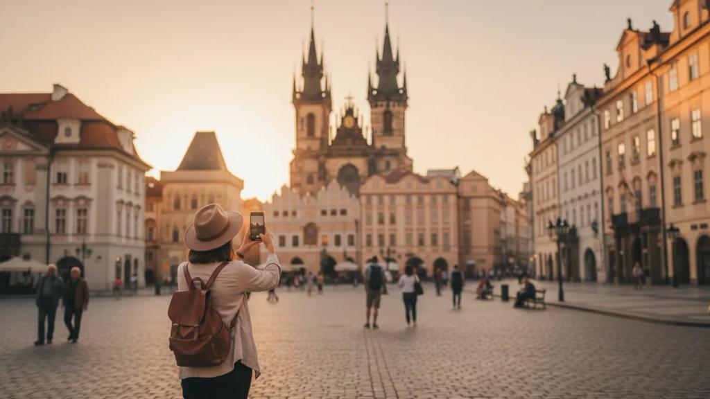 Old town square with pastel buildings and cobblestones in a Central European city at golden hour
