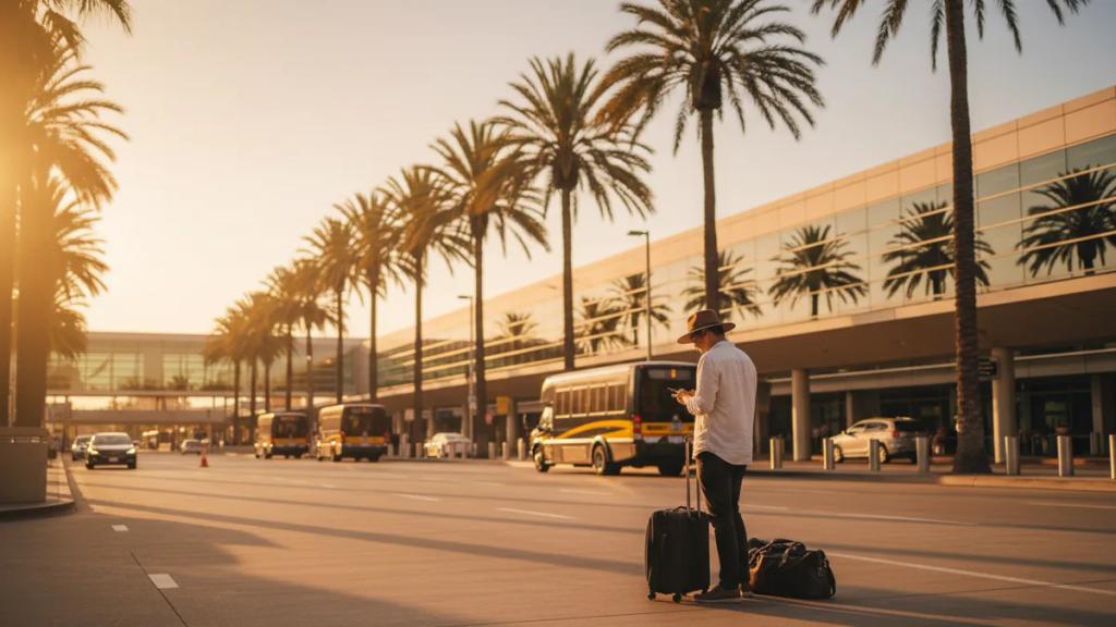 Traveler using a phone in a busy airport arrivals hall with departure boards