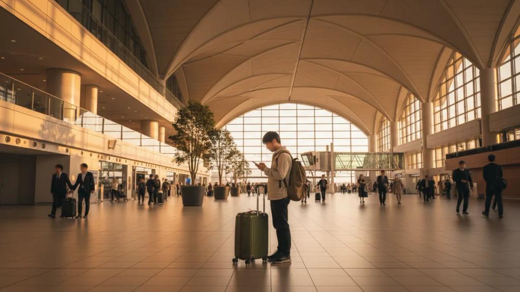 Arrivals hall at a large Japanese international airport with travelers and signage