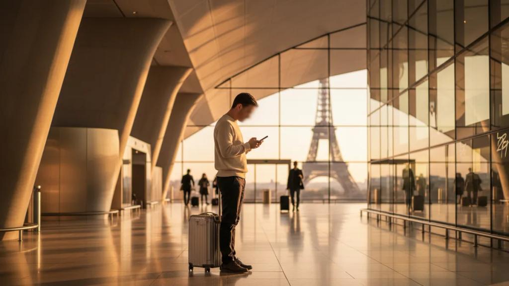 Traveler using a phone in a busy international airport arrivals hall