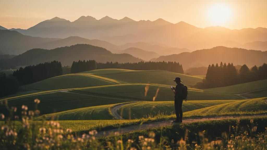 Winding mountain road through forested hills toward a distant coastline at golden hour