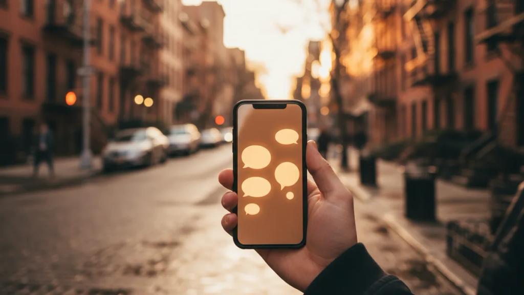 Traveler using a messaging app on a smartphone with a city skyline behind