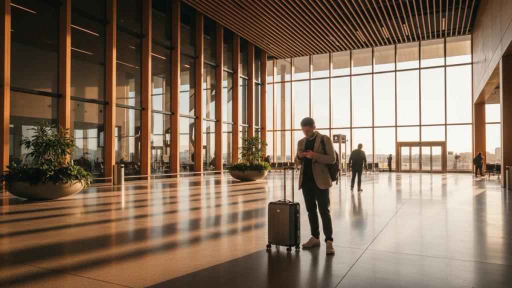 Traveler checking a phone at an airport arrivals hall with the city skyline beyond