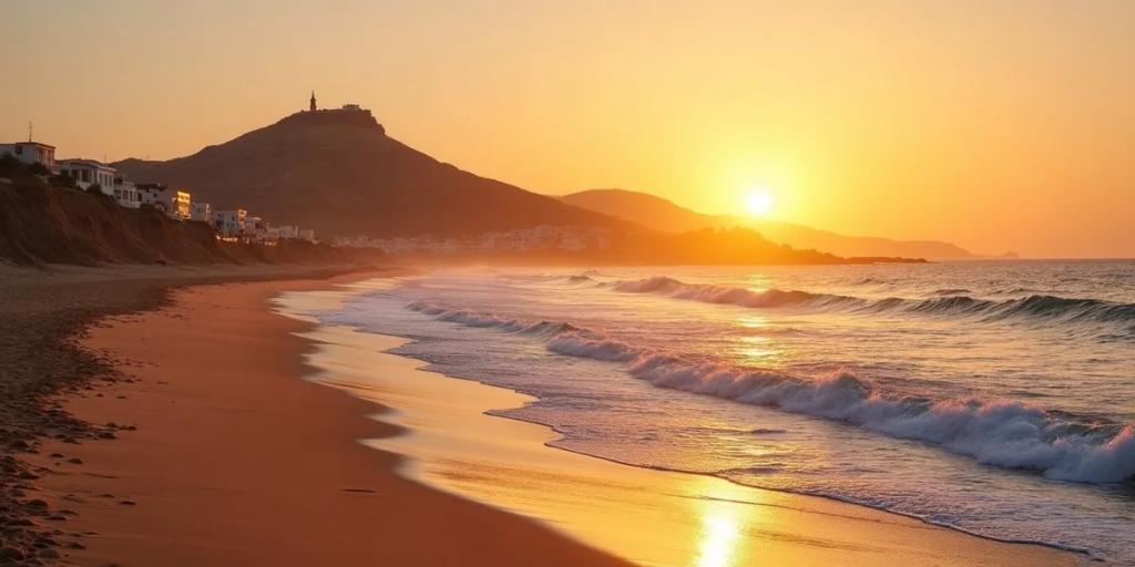 Calçadão da praia de Agadir curvando em direção à marina, com a colina da Kasbah ao fundo