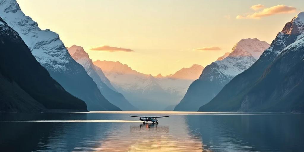 Cruise ship dwarfed by snow-capped peaks in an Alaskan fjord at golden hour