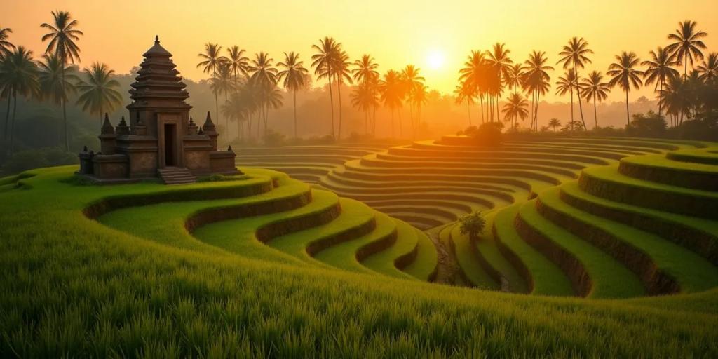 Terraced rice fields and palm trees near Ubud, Bali, under late-afternoon light
