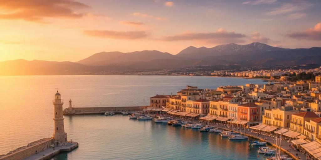 O porto veneziano de Chania na primeira luz, o farol egípcio refletido na água parada