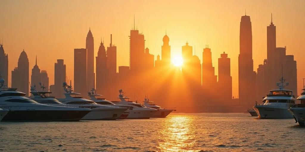 Skyline van Dubai met de Burj Khalifa die zich in de schemering boven Downtown verheft
