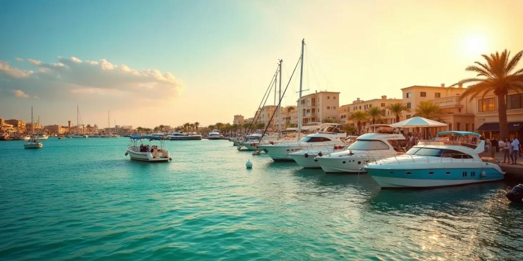 La marina sul Mar Rosso di Hurghada con le barche da immersione ormeggiate lungo il lungomare