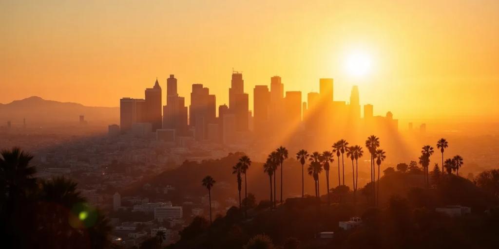 Los Angeles freeway interchange at dusk with the downtown skyline and palm trees