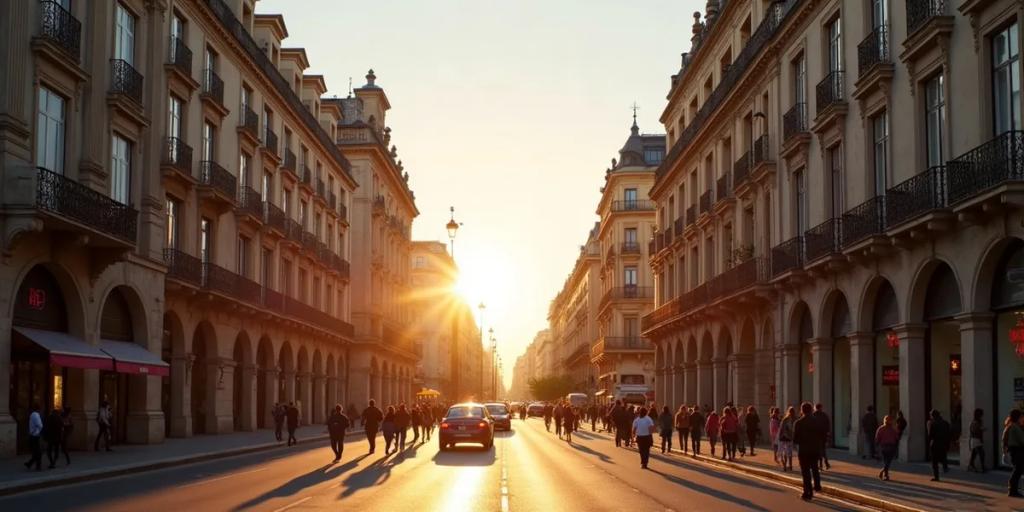 Gran Via في Madrid عند الغسق مع مبنى Metropolis وحركة المرور المسائية