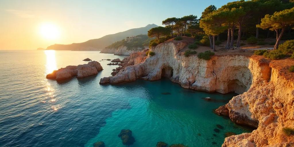 Turquoise cove framed by pine-covered cliffs on Mallorca's coast