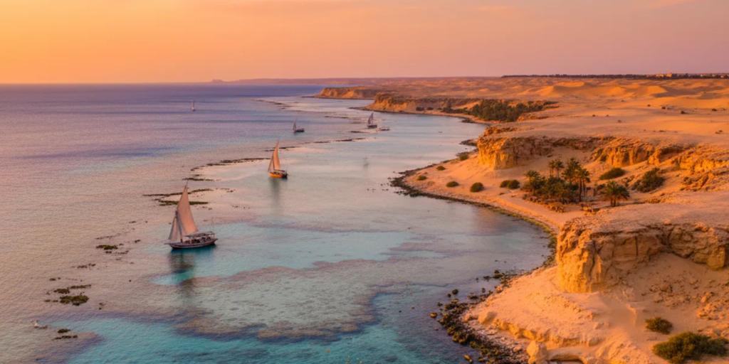 A turquoise Red Sea lagoon with reef shallows meeting the bare desert shore near Marsa Alam