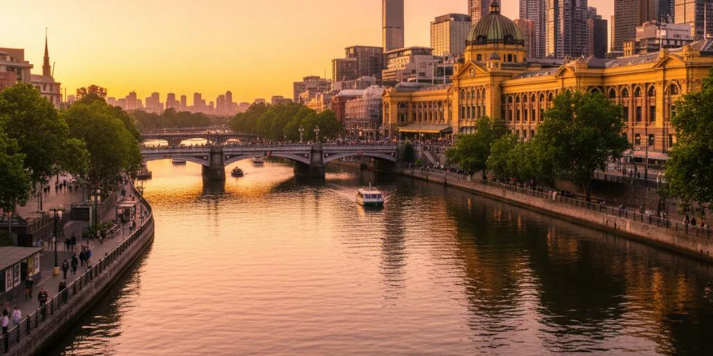 The Yarra River and Flinders Street Station lit up at golden hour in central Melbourne