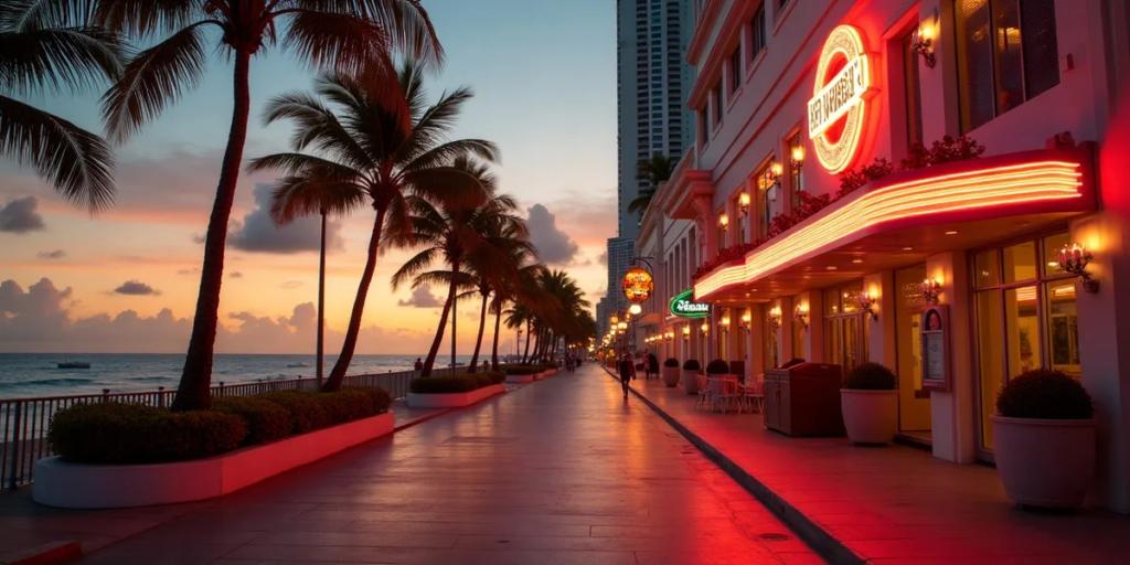 Ocean Drive art deco facades and palm trees in Miami Beach at golden hour