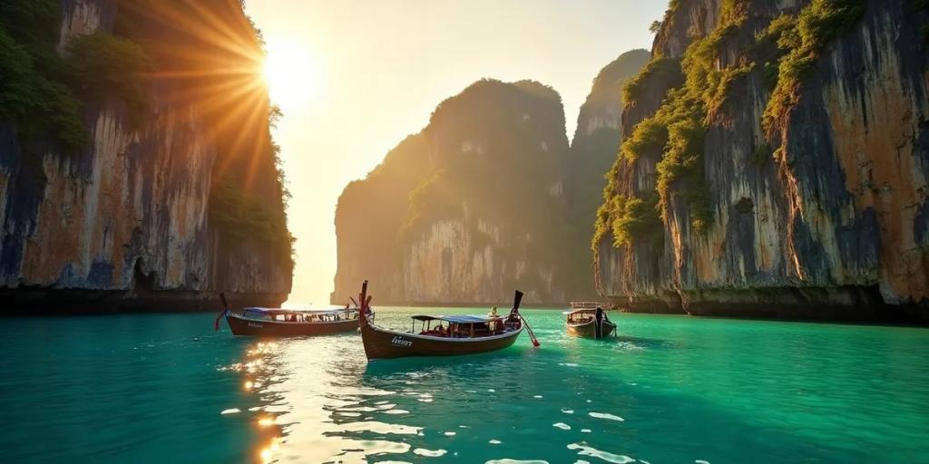 قوارب longtail على شاطئ في Phuket مع رؤوس خضراء عند ساعة الذهب
