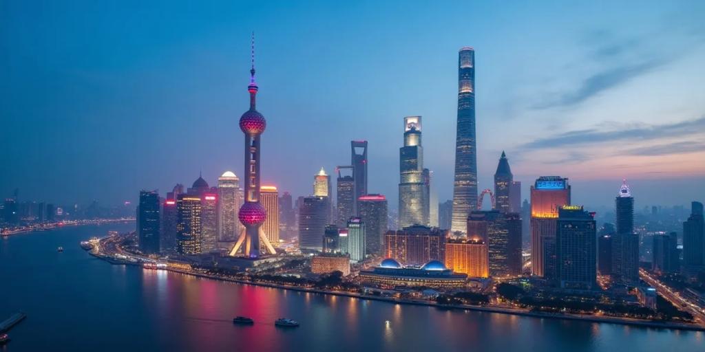 The Pudong skyline with the Oriental Pearl Tower and Shanghai Tower lit up across the Huangpu River at dusk
