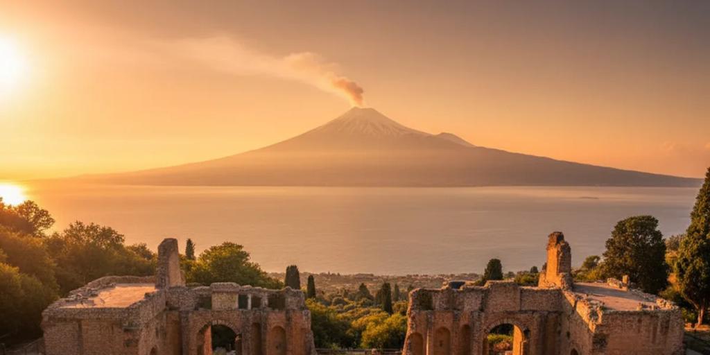The ancient Greek theatre of Taormina with Mount Etna smoking on the horizon behind the stage