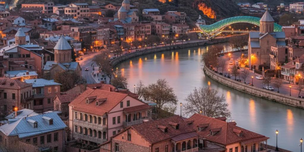 Carved wooden balconies of Tbilisi's old town stacked on the hillside below the Narikala fortress