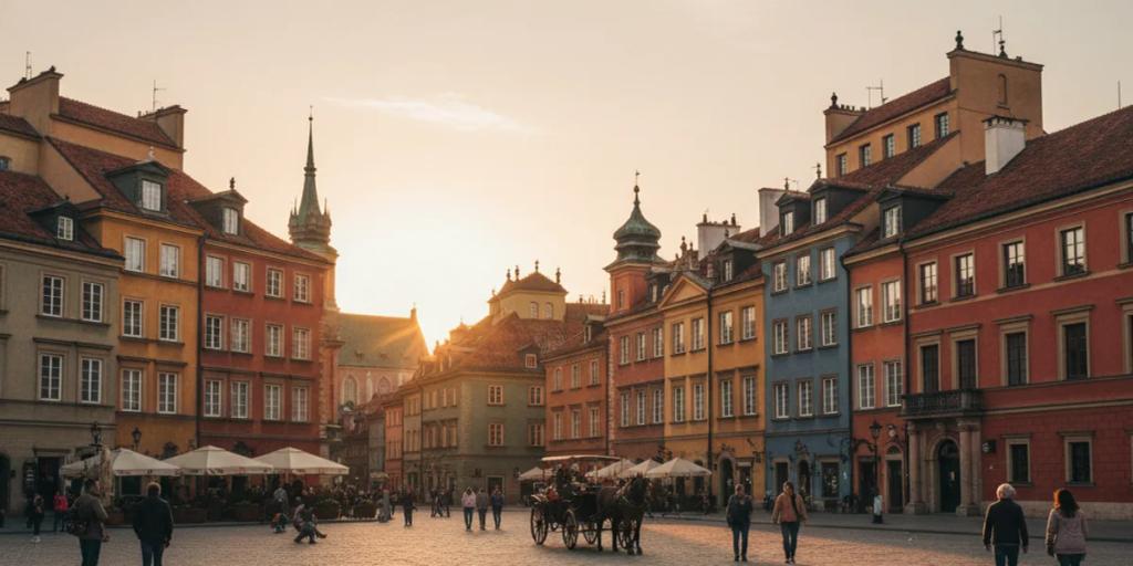 Colorful reconstructed facades of Warsaw's Old Town Market Square in warm light