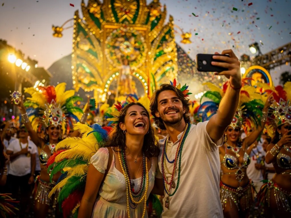 Casal português a tirar selfie no Carnaval do Rio de Janeiro com eSIM para dados móveis