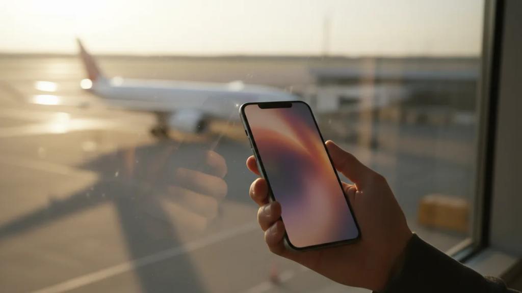 Traveler at an airport gate holding a phone showing a newly connected mobile line