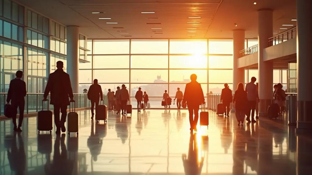 Schiphol airport terminal with travelers under the departures board at golden hour