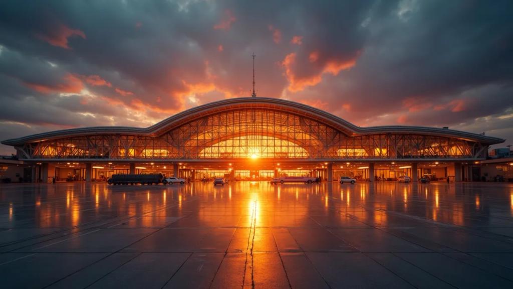 Suvarnabhumi airport departure hall with its sweeping steel trusses and travelers at golden hour