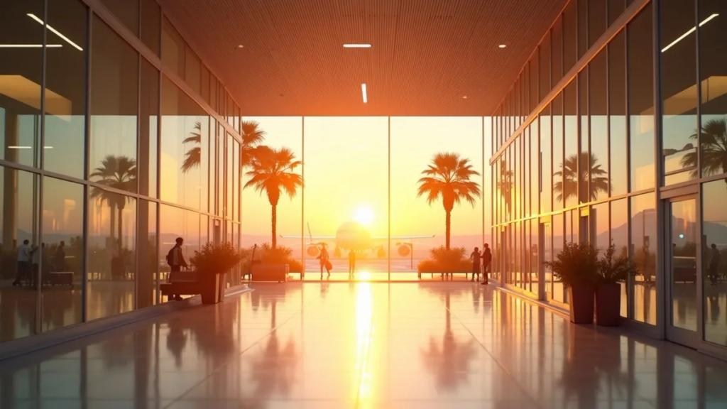 Barcelona El Prat airport terminal at golden hour with travelers walking toward the arrivals exit