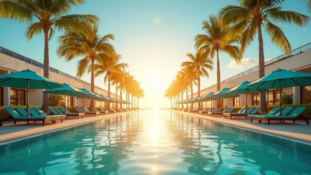 Cancun airport arrivals area at golden hour with palm trees and travelers with luggage