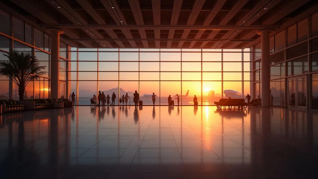 Hamad International Airport concourse in Doha with the giant teddy bear sculpture and travelers at golden hour