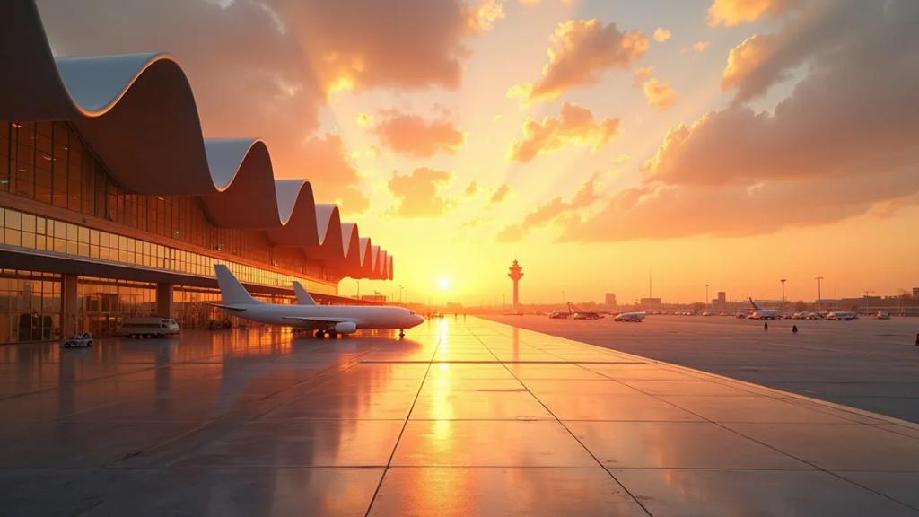 Istanbul Airport departures hall at golden hour with its vaulted ceiling and travelers below