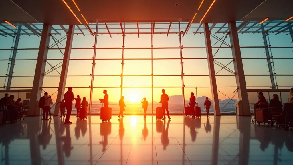 Heathrow airport terminal interior at golden hour with travelers and departure boards