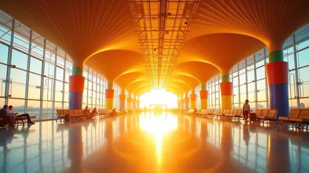 Madrid Barajas T4 terminal with its wave-shaped bamboo ceiling and travelers at golden hour