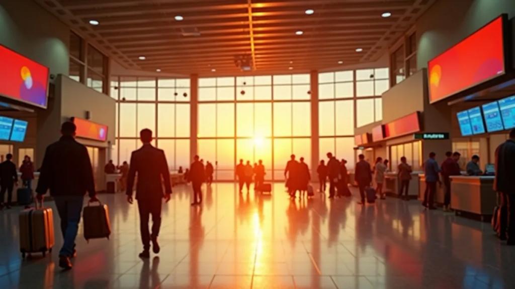 Mexico City airport terminal at golden hour with arriving travelers pulling suitcases past departure boards