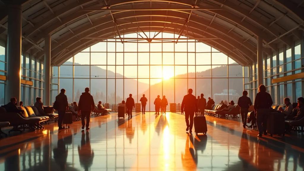 Munich Airport terminal with glass roof and travelers walking toward the S-Bahn at golden hour