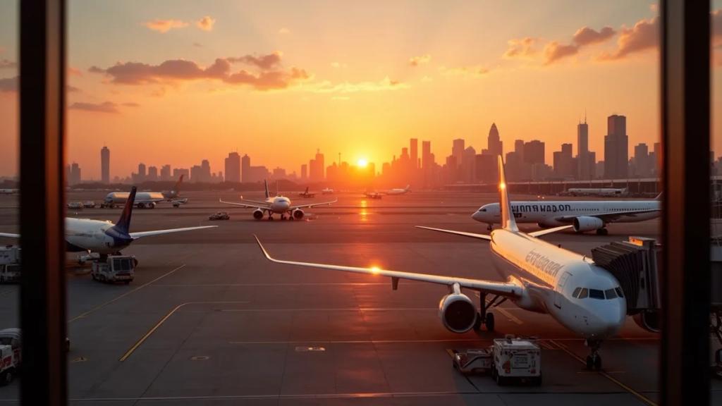 JFK airport terminal at dusk with arriving travelers and the AirTrain visible through the glass