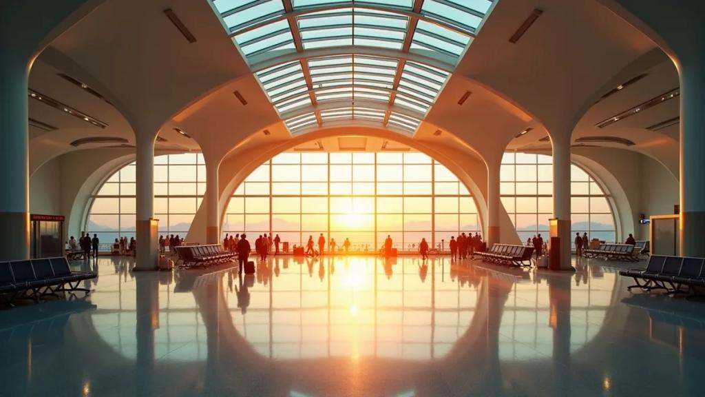 Paris Charles de Gaulle Terminal 2 curved glass roof with morning light over the departure hall