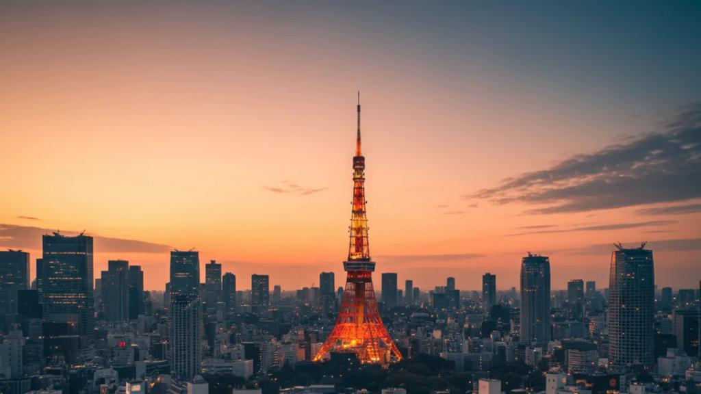 Traveler in a Tokyo street at dusk checking a phone showing a connected mobile signal