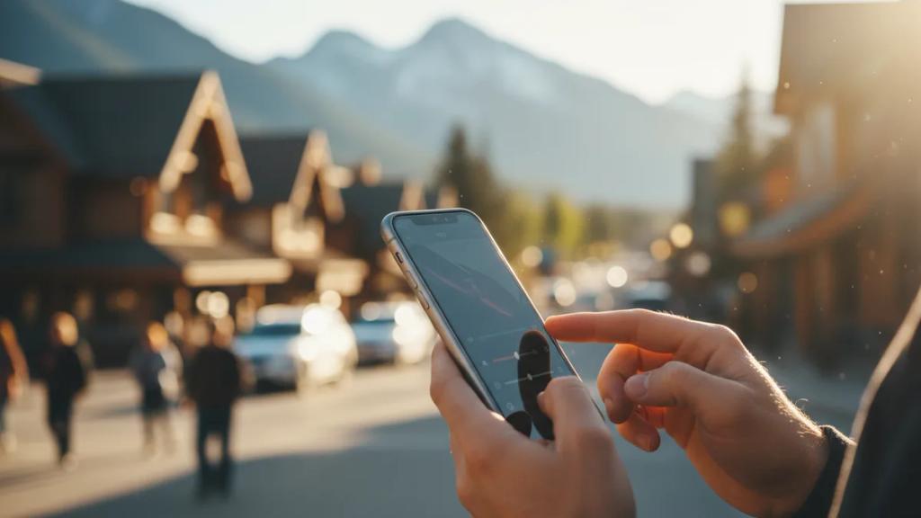 Traveler checking a phone in front of a Canadian mountain and lake landscape
