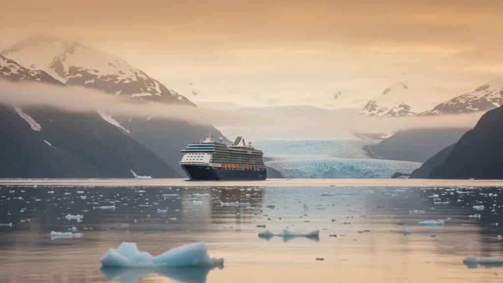 Cruise ship in an Alaskan fjord near a glacier with snow-capped peaks