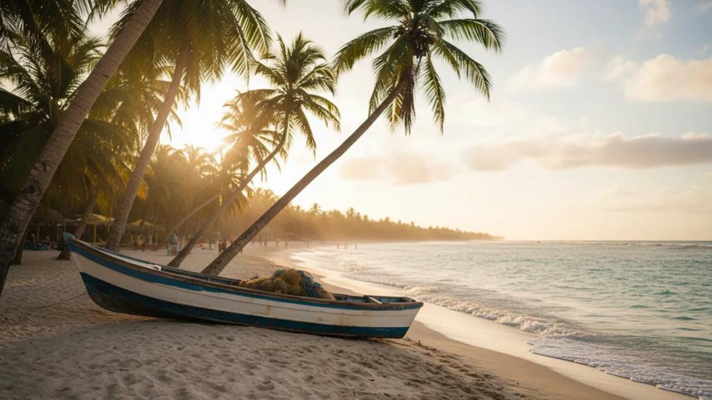 Fishing boat under palm trees on a Jamaican beach in late afternoon light