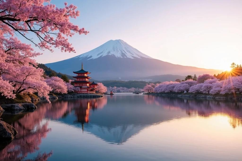 Traditional Japanese temple and cherry blossoms in Japan