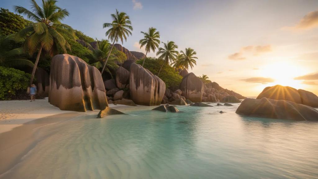 Granitfelsen und Palmen an einem Strand der Seychellen zur goldenen Stunde